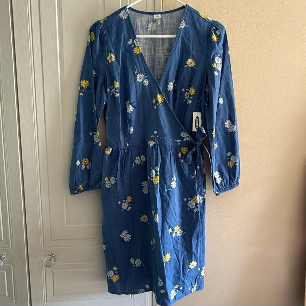 Old Navy Dress Womens M Blue‎ Floral Wrap V-Neck Ladies Cottagecore Peasant Boho